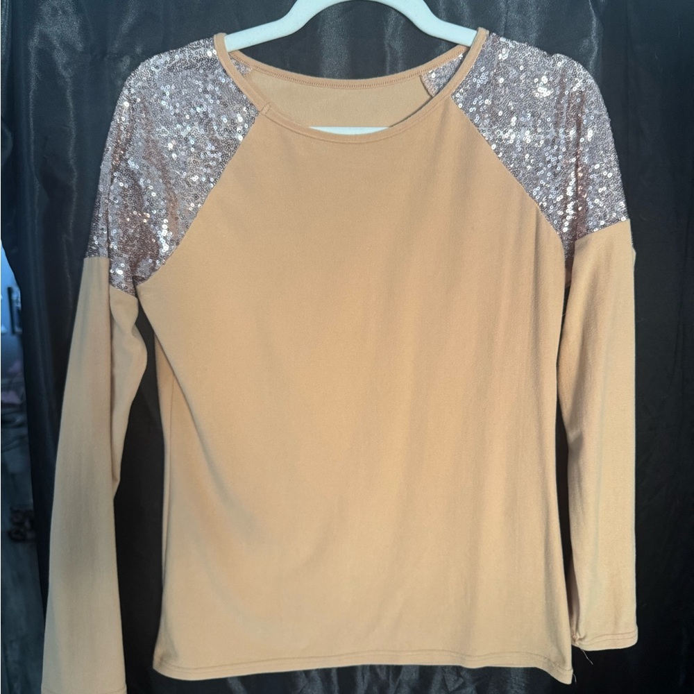 Sequin Sleeve Tan Women's Top